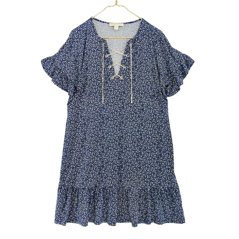 Michael Kors Blue Paisley Pattern Lace Up Chain V Neck Ruffle Midi Dress P4317